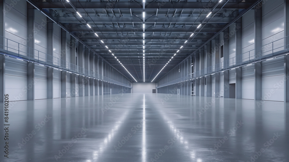 Poster empty clean futuristic warehouse. background image. created with generative ai technology.