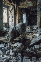 A person wearing camouflage clothing is hiding in a ruined structure, suitable for military or urban warfare themes