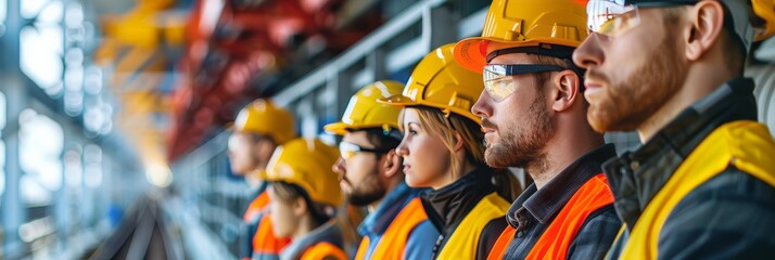 Railway engineering team standing in a line on a rail bridge, looking towards a successful future