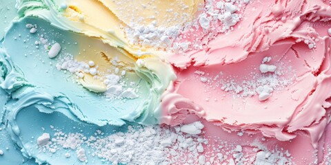 Fototapeta premium Colorful rainbow ice cream is a whimsical treat with vibrant colors, inviting everyone to enjoy its tempting flavors. Sweet, creamy, perfect for summer and sure to brighten any day