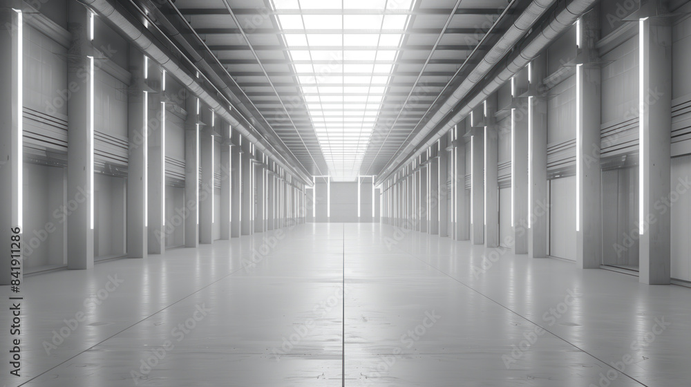 Poster empty clean futuristic warehouse. background image. created with generative ai technology.