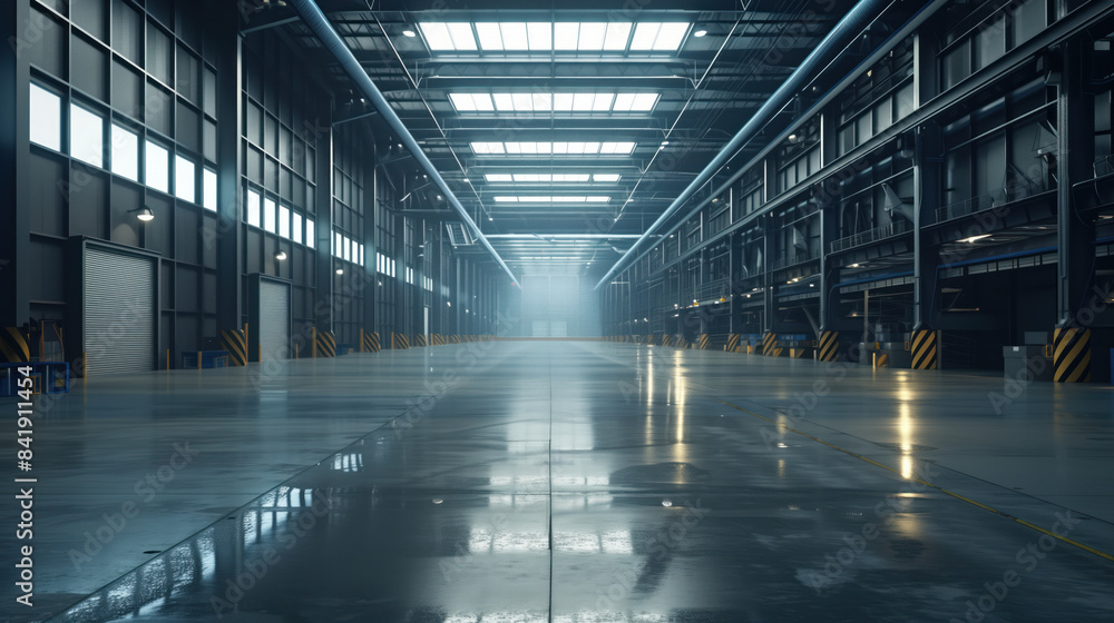 Poster empty clean futuristic warehouse. background image. created with generative ai technology.