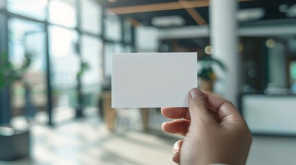 Close-up of a blank white business card mockup being handed over in an office setting