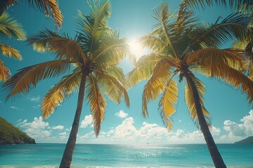 Towering sunlit palm trees on a tropical beach, symbolizing paradise. 