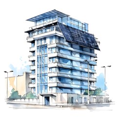 Futuristic Solar-Powered Architectural Building with Glass Facade and Rooftop Photovoltaic Panels in Cityscape
