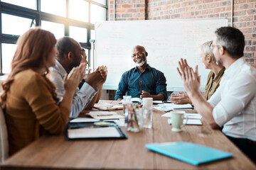 Portrait, business people and clapping hands in office for meeting success, achievement and good...