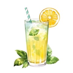 Fototapeta premium Refreshing Watercolor Lemonade Drink in Glass with Fruit Slice and Mint Leaves on White Background