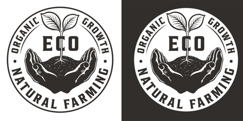 Obraz premium Monochrome linocut design emblem featuring an eco themed organic farming concept with stylized hands cradling a plant, promoting growth and natural farming methods in a vintage aesthetic