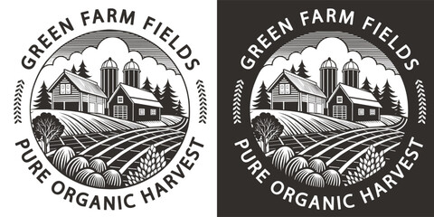 Black and white and monochrome version of a vintage linocut emblem, illustrating the idyllic landscape of green farm fields, symbolizing pure organic harvest and eco friendly farming practices