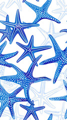 A seamless repeating blue pattern of starfish on white background