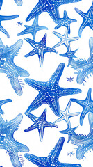 A seamless repeating blue pattern of starfish on white background