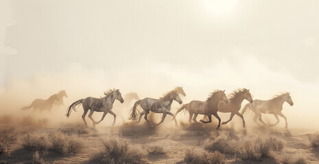 Powerful wild horses racing through a desert wilderness bathed in sunset horizon sky.