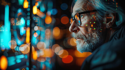 Senior Expert Analyzing Complex Data on High-Tech Digital Screens

