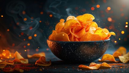 Spicy Potato Chips in wooden bowl on black background. commercial wallpaper advertising potato chips with tomato and red chili decoration