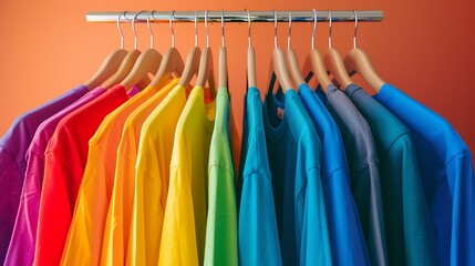 Colorful t shirts on hangers apparel background