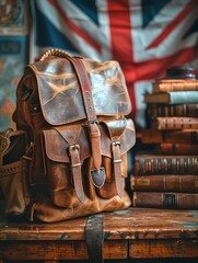 Students backpack with books, British flag in the background, concept for language courses, studying in the UK, copy space