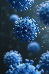 Fototapeta premium Closeup of clustered blue viruses, artistic rendering, microscopic view, radiant edges, dark backdrop