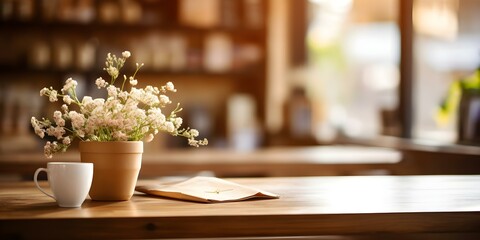 Coffee shop table in focus with product blurred background for showcase. Concept Coffee Shop, Table Setting, Product Showcase, Blurred Background, Visual Merchandising