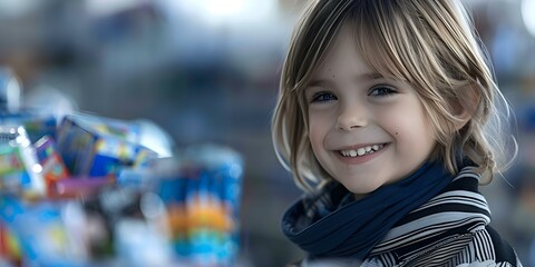 Fototapeta premium Joyful child browsing toys in store embodies carefree consumerism of childhood. Concept Childhood Consumerism, Toy Store Shopping, Carefree Kids, Joyful Moments, Retail Therapy