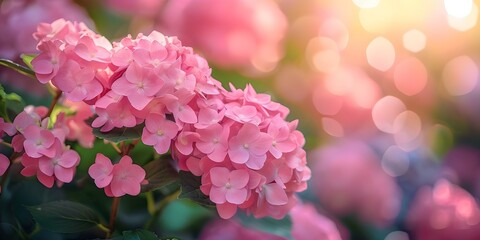 Fototapeta premium Pink hydrangea with blurred background ideal for text placement and design. Concept Floral Photography, Background Texture, Text Space, Design Inspiration