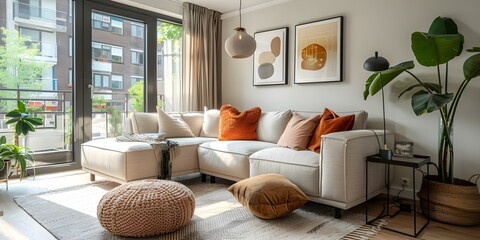 Stylish living room with cozy couch pastel cushions and natural light. Concept Home Decor, Stylish Living Room, Cozy Couch, Pastel Cushions, Natural Light