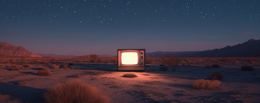 Old television in a desert landscape under starry night sky, surreal concept
