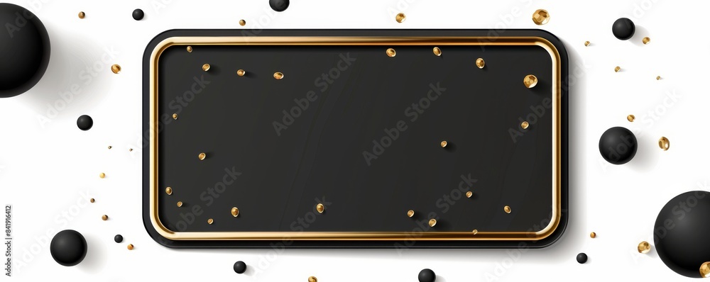 Poster abstract black and gold rectangular frame with glitter and spheres on white background