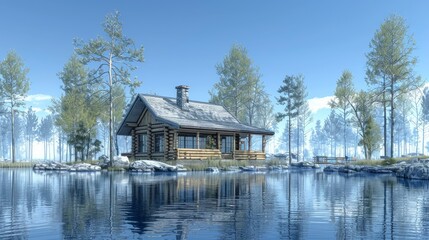 Obraz premium A rustic cabin by a serene lake