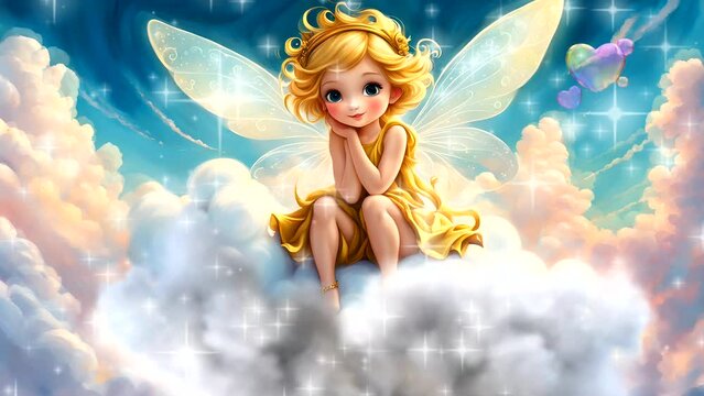 Beauty fairy with wings sitting on clouds. 