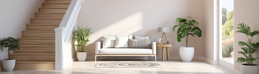 A staircase is shown in a living room with a white wall and a large window. The staircase is made of wood and has a white railing