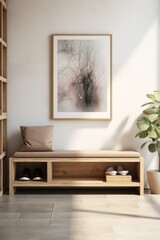 A staircase is shown in a living room with a white wall and a large window. The staircase is made of wood and has a white railing