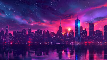 Fototapeta premium Neon Skyline of City at Night with Vibrant Colors and Starry Sky 