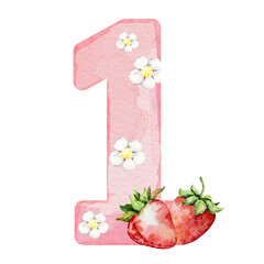 Watercolor pink number 1 with strawberry and flowers for decor © SvetaArt