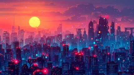 Fototapeta premium Neon Skyline of City at Night with Vibrant Colors and Starry Sky 