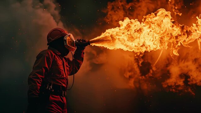 A worker operating a ane flare burning off excess gas to prevent it from escaping into the atmosphere.