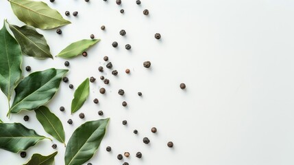 black pepper and bay leaves on a white background, copy space, place for text, spices, recipes, cooking school