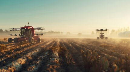 Fototapeta premium Panoramic view of a futuristic agricultural landscape with drone pollinators and automated farming machinery, minimalistic design, photorealistic