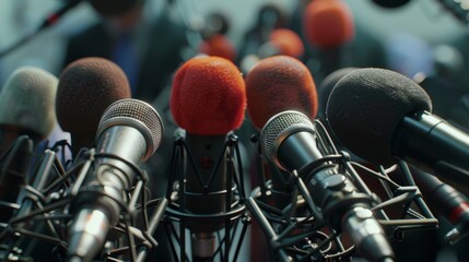 Photorealistic close-up of media microphones aimed at a spokesman during a press conference, ideal for visuals depicting media interactions and public statements