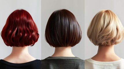 Fototapeta premium Photorealistic collage of women's short hair in brunette, blonde, chestnut, and red, back view, on a white background, minimalistic design