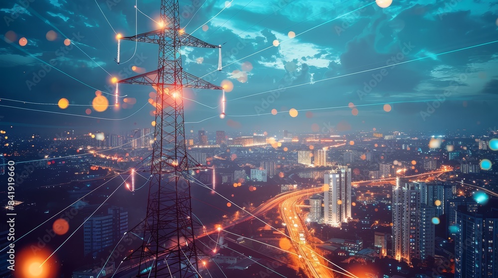 Poster photorealistic visualization of a smart grid system in a metropolitan area, featuring dynamic energy