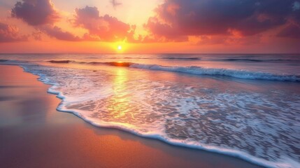 Obraz premium Scenic summer beach with hot hues of the sunset reflecting on the ocean waves