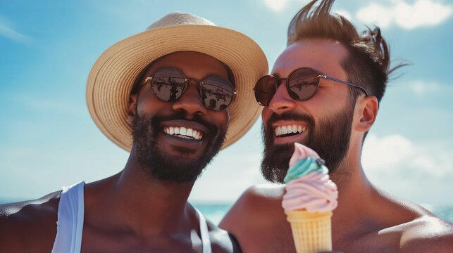 close up happy diverse gay men couple with ice cream on the beach, candid moment, sunny