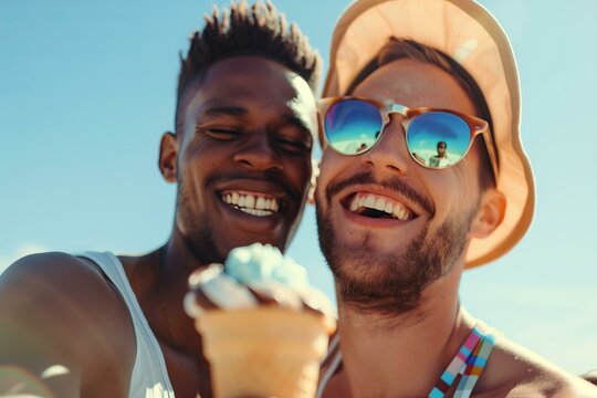close up happy diverse gay men couple with ice cream on the beach, candid moment, sunny - Powered by Adobe