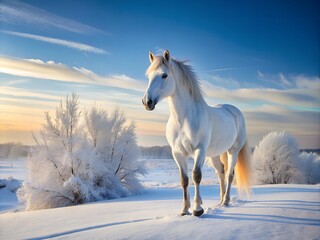 Majestic White Horse Standing In A Snowy Field, Surrounded By Snow-Covered Trees And A Beautiful Winter Landscape