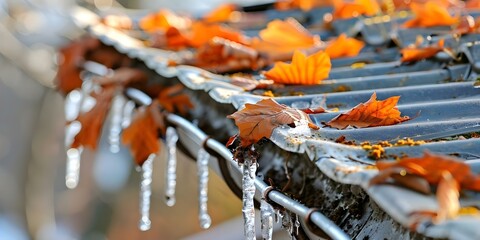 Winter Preparation Clearing Roof Gutters of Debris. Concept Roof Maintenance, Winter Prep, Gutter Cleaning, Debris Removal, Home Improvement