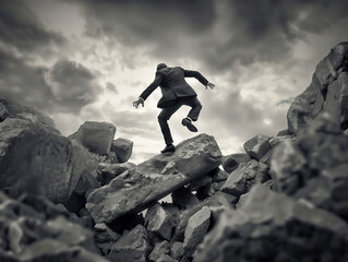 Obraz premium Determined and goal oriented businessman in a suit is jumping over rocks and climbing up a mountain of rubble and stones against a dramatic sky, black and white, business success, freedom, resilience
