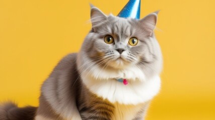 Cute fluffy cat in party hat on color background feline domestic on yellow background