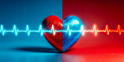 The textured heart is split in two in the middle, one half in blue light, the other in red, and connected by an EKG line representing a heartbeat. Contrasting colors suggest duality or balance.AI gene