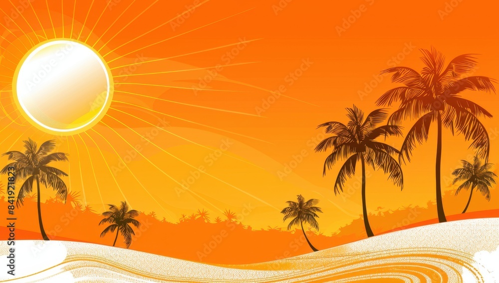Poster abstract summer background with palm trees, sun and orange color banner design, in the style of oran