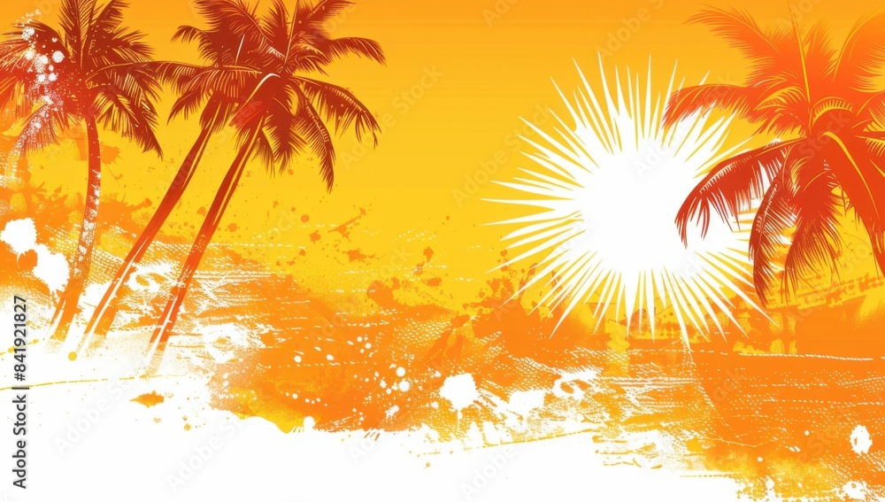 Poster the background is orange and yellow, with palm trees and sun rays blank area for text generative ai